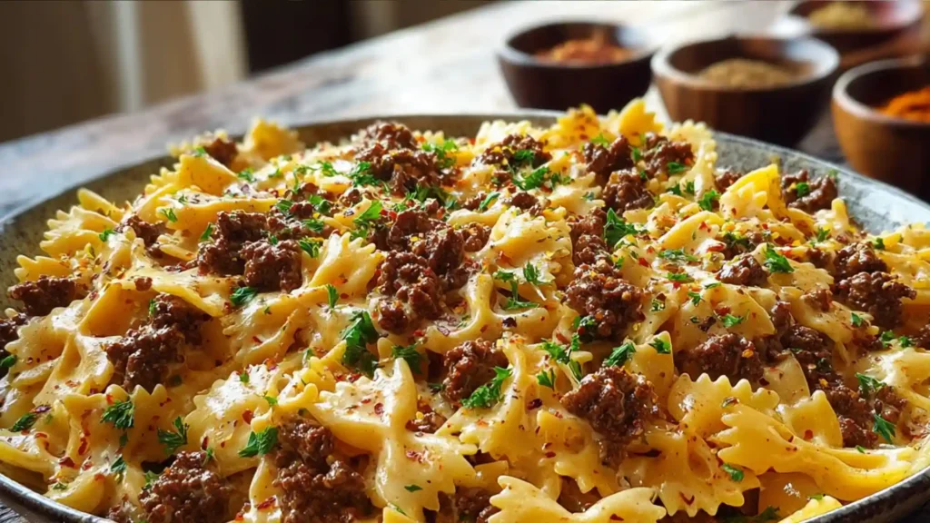 Cajun Cream Cheese Alfredo Bowties with Spiced Ground Beef