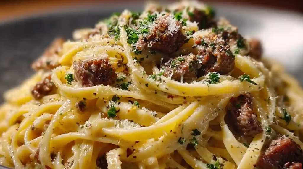 Creamy Parmesan Beef Linguine with Garlic Butter Sauce