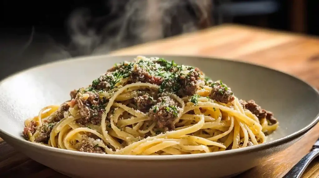 Creamy Parmesan Beef Linguine with Garlic Butter Sauce