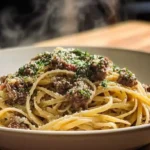 Creamy Parmesan Beef Linguine with Garlic Butter Sauce