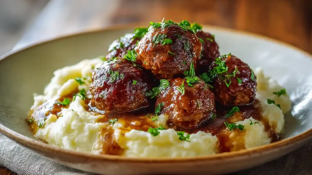 Salisbury Steak Meatballs with Garlic Herb Mashed Potatoes